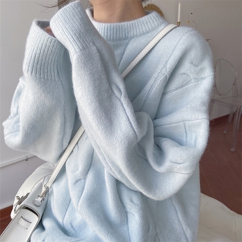 Winter Womens Clothing Sweater Korean Fashion Loose Vintage Lazy Wind Blue Crew Neck Pullover Long Sleeves Knitting Tops W220817