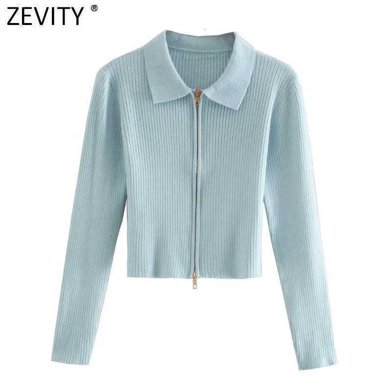 Zevity Women Fashion Solid Turn Down Collar Double Slider Zipper Knitting Sweater Femme Long Sleeve Chic Cardigan Coat Tops S486 210603