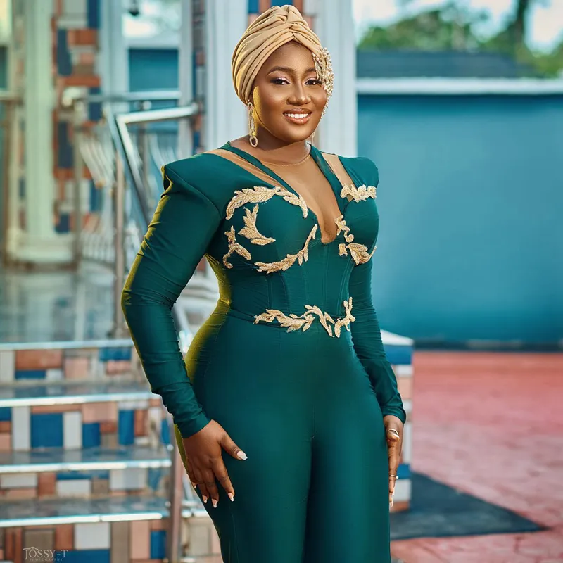 Hunter Green Jumpsuits Prom Dresses for Black Women Illusion Beaded Crystals long sleeve Plus Size Aso Ebi arabic evening gown pant suit