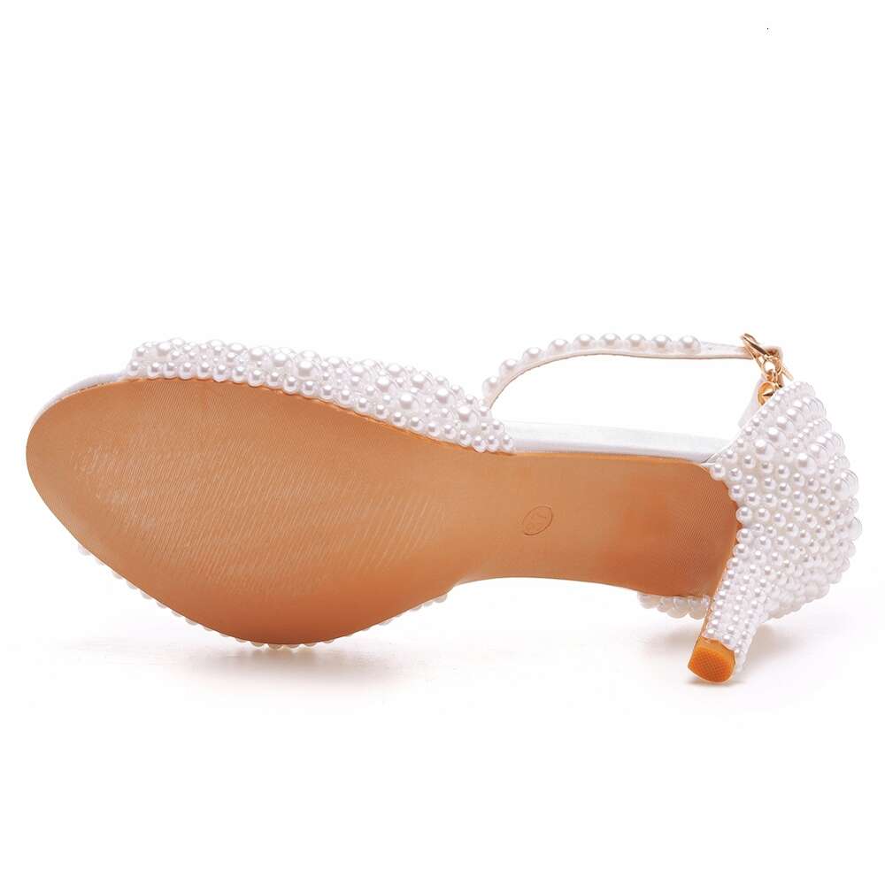 Crystal Queen White Pearl Sandals Women Open Toe High Heels Lady Wedding Shoes Banquet Dress Stiletto