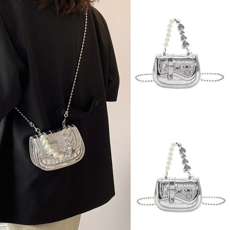 High end niche design pearl chain small bag women's new trend trendy mini bag silver high-end texture mobile phone bag crossbody bag designer bag