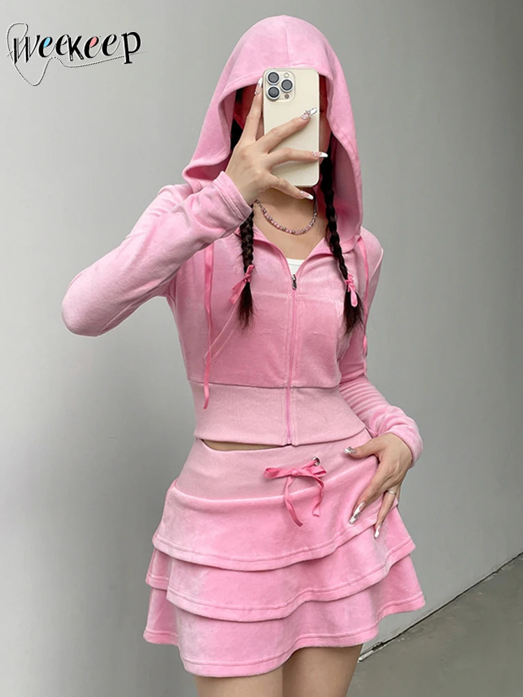 Weekeep Sweet Velvet Pink Women Suit Autumn Winter Hooded Zip Up Crop Sweatshirt and Loose Mini Skirt Two Piece Sets y2k Outfits 240601
