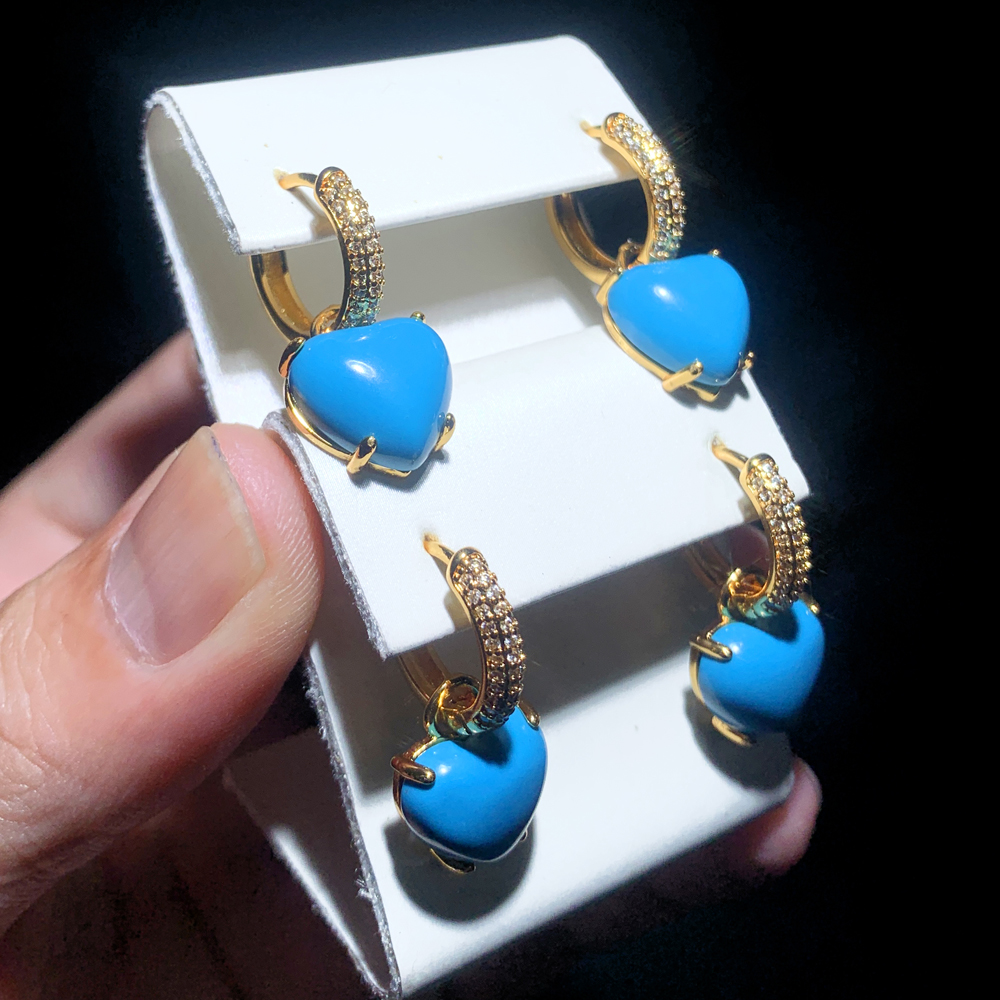 Micro Pave Bg Geometric CZ Turquoise Heart Earrings 2024 - Gold Plated Fashion Jewelry for Women