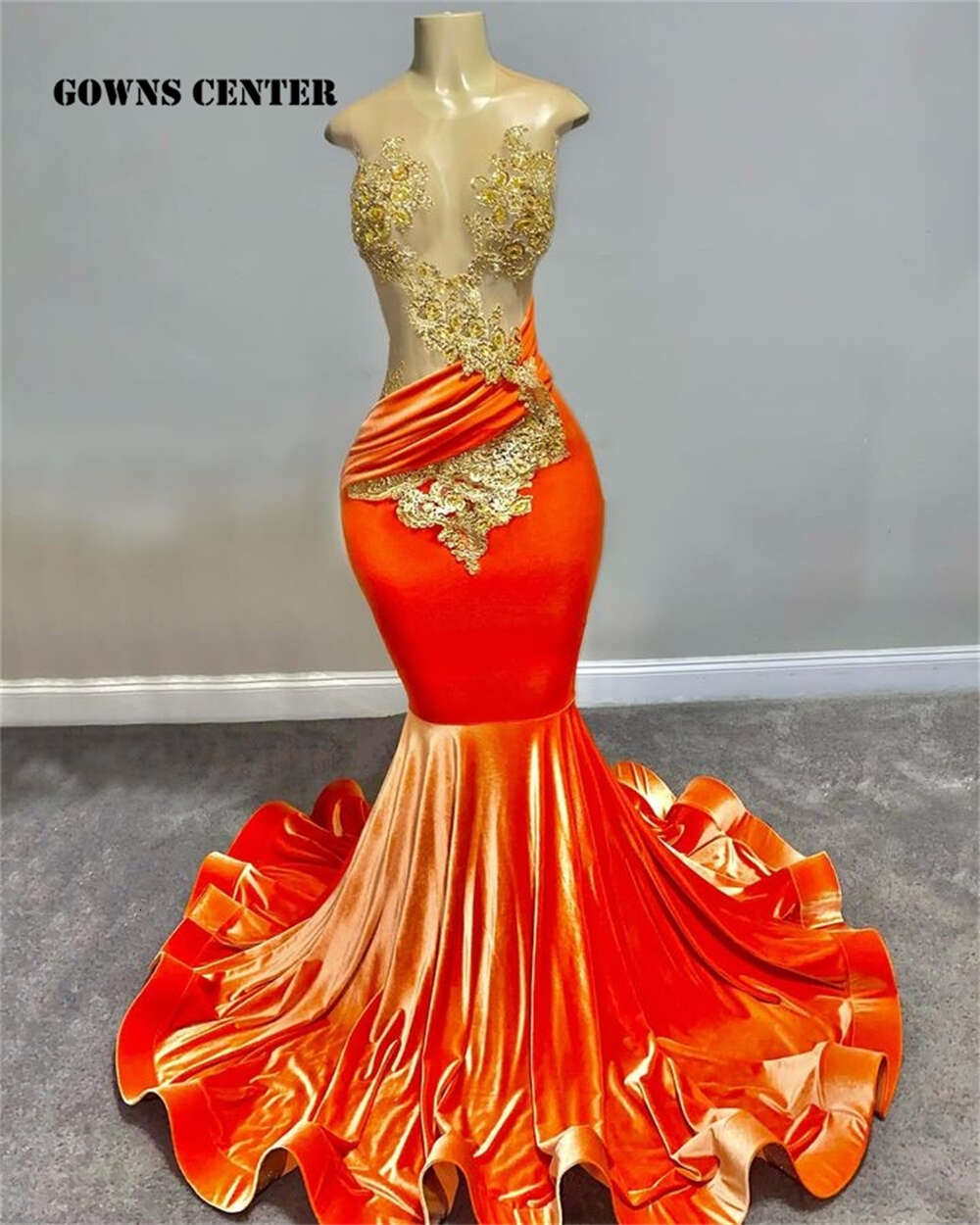 Pretty Orange Veet Gold Appliques Dress 2024 For Black Girls Mermaid New Arrival Evening Party Gowns Custom Made Prom vip