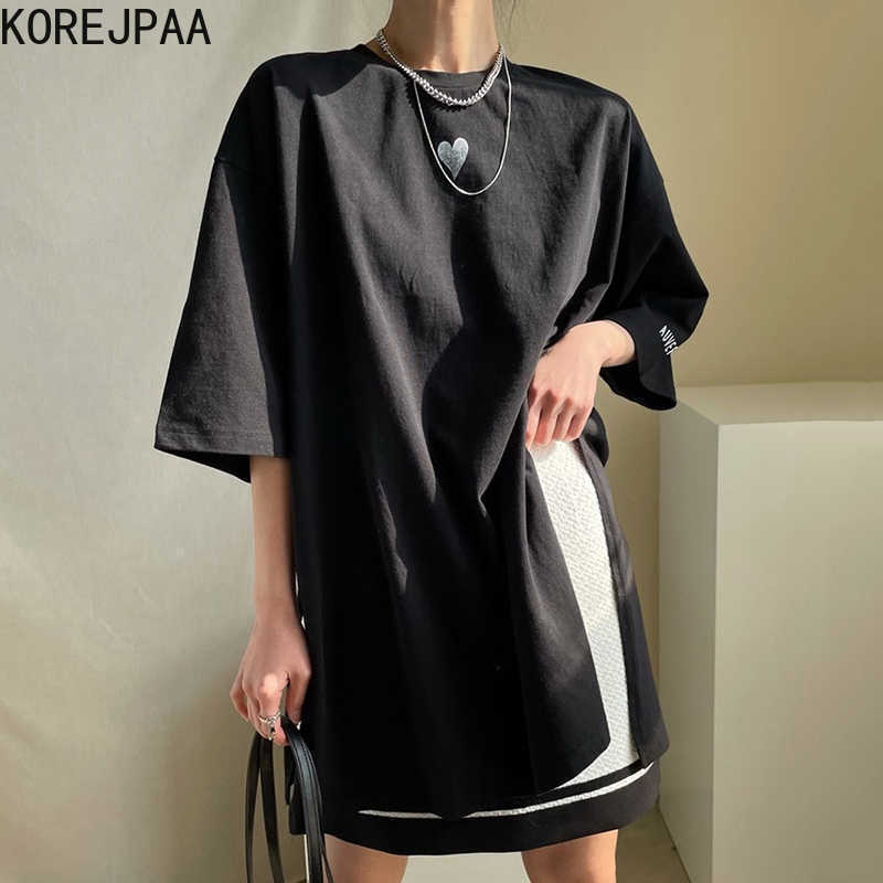 Korejpaa Women T-Shirt Summer Korean Chic All-Match Love Printed Round Neck Loose Mid-Length Short-Sleeved Split Pullover 210526
