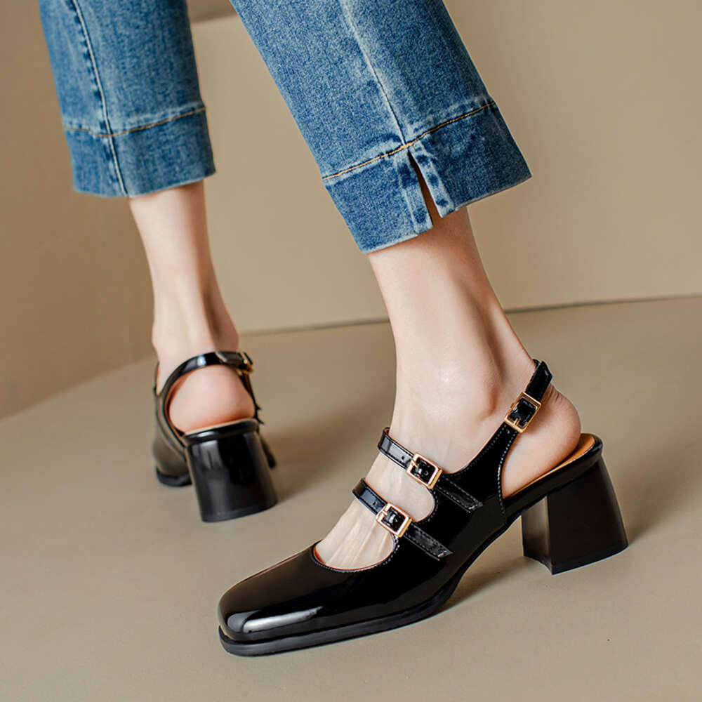 Plus Size 44 45 46 Black Sier Chunky High Heels Mary Jane Shoes Women Square Toe Double Buckle Pumps Slingback Ladies Sandals