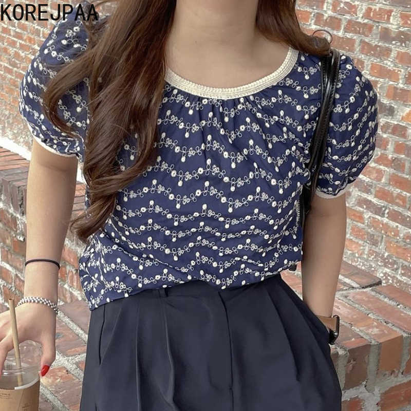 Korejpaa Women Shirt Summer Korean Retro Round Neck Trim Contrast Color Hollow Jacquard Loose All-Match Puff Sleeve Blouses 210526