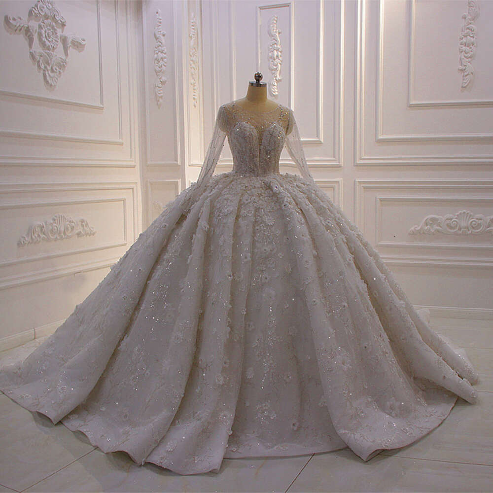 AM552 White Ball Gown Dress Shiny Lace wers O-Neck Full Sleeves special Gowns With Long Train As Photos