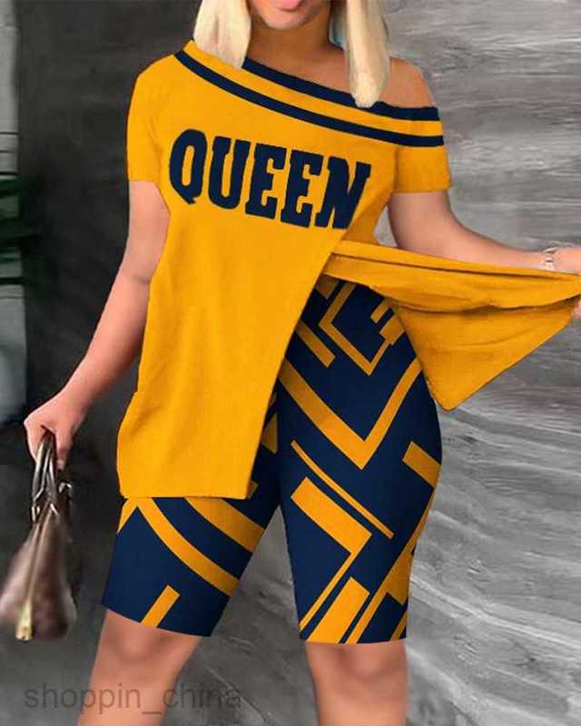 Women's Tracksuits Spring/Summer New Women's Slanted Neck Short Sleeve Split Top Shorts Set Sets