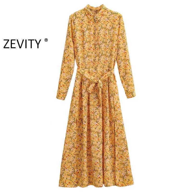 Zevity women vintage floral print casual sashes shirt dress chic office lady long sleeve zipper vestido party dresses DS4166 210603