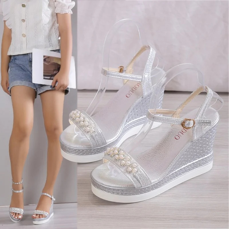 Womens Sandals 2024 Summer Pearl Transparent Rhinestone High Heel Buckle Womens Wedge Sandals Womens Beach Shoes 240612