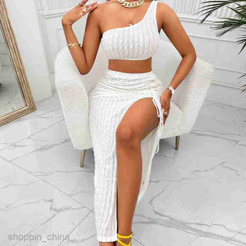 Two Piece Dress Sets New Women's Wear Summer Casual Solid Color Slanted Neck Dress Split Set