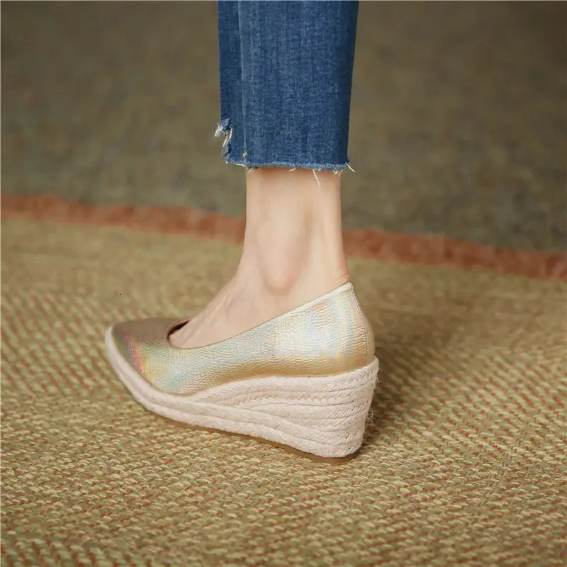 FHANCHU Autumn Leather Shoes Womens Platform Pump Straw Wedge High Heels Slippery Shallow Angled Toe Gold 35-40 Dropper 240612