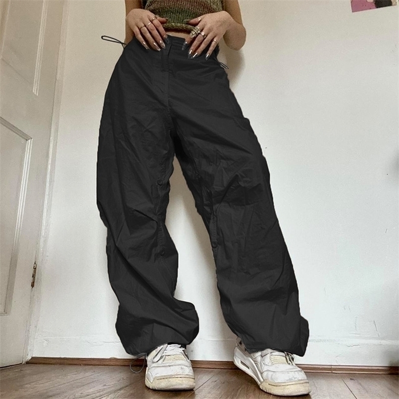 Womens Pants Capris Women Casual Wide Leg Cargo Pants Vintage Low Waist Drawstring Joggers Tech Pants Solid Button Hippie Streetwear Baggy Trousers 22