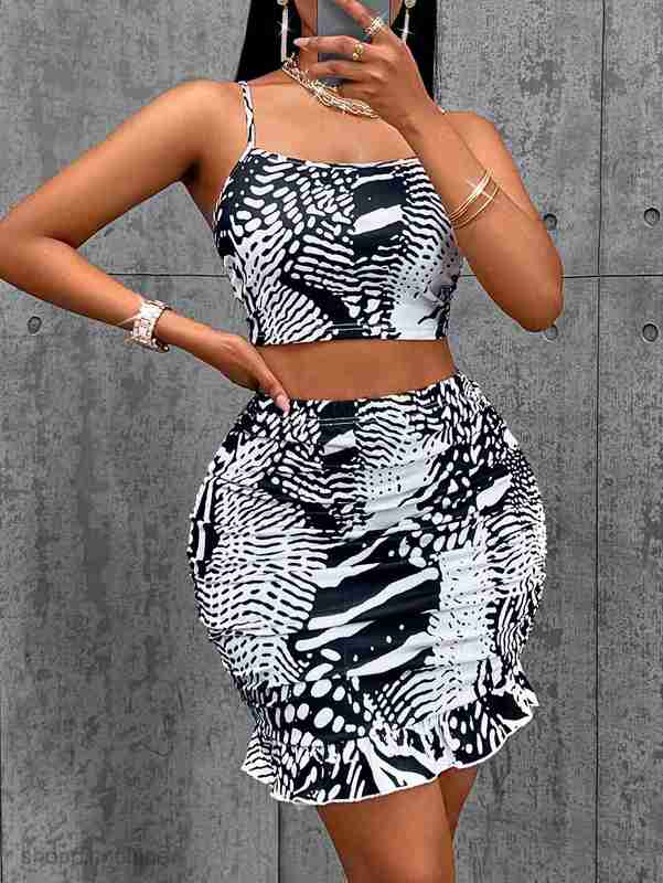 Two Piece Dress Sets New Sexy Women's Summer Casual Print Suspended Top Waist and Hip Wrap Skirt Set