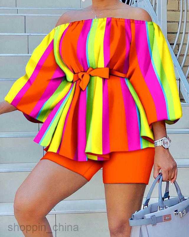 Women's Tracksuits fashion Summer New female Shoulder Shorts Belt Two Piece Set for women Sets