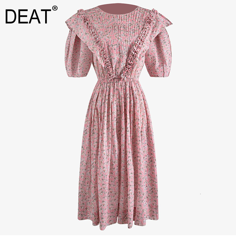 DEAT Women Print Ruched Midi Dress New O-neck Lantern Shorts Sleeve Loose Fit Fashion Spring Summer GX611 210428