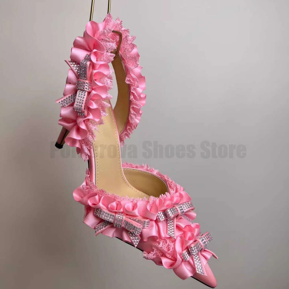 Rhie Bow Pink Satin High Heel Sandals For Women New Pointed Toe Single Sexy Lace Decorative Pumps Ladies Shoes