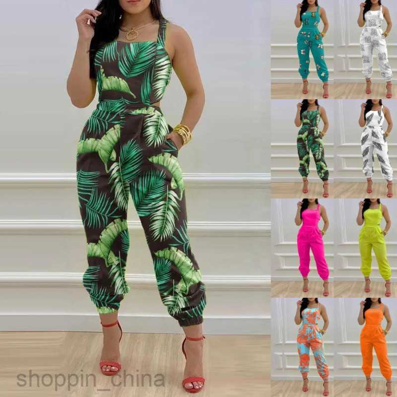Women's Tracksuits Women's temperament commuting straps printed jumpsuit Sets