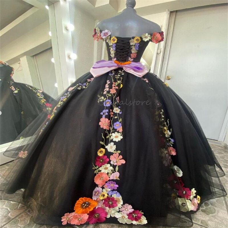 Mexican Theme Black Quinceanera Dresses Charro 2024 Colorful Flowers Fifteen Birthday Dress Floor Length Tulle A Line Corset Vestio De Xv 15 Anos Swee