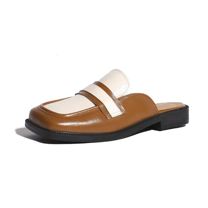 leather Square color Toe Mixed patchwork women slippers thick heel oxford mules shoes woman outdoor lazy slides big size 43