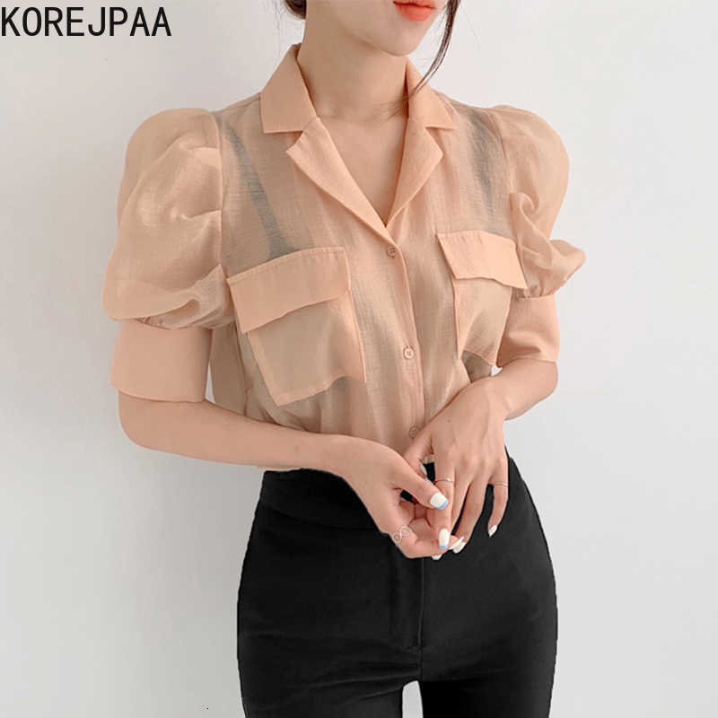 Korejpaa Women Shirt Summer Korean Chic Simple Temperament Lapel Double Pocket Loose Micro-Transparent Puff Sleeve Blouses 210526