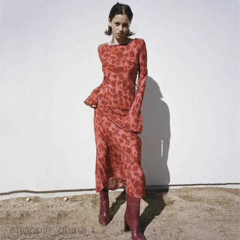 Casual Dresses Fall Long Sleeve Maxi Dress For Women Fashion Bodycon Slim Chiffon Red Print Party Elegant Vestidos 7654D