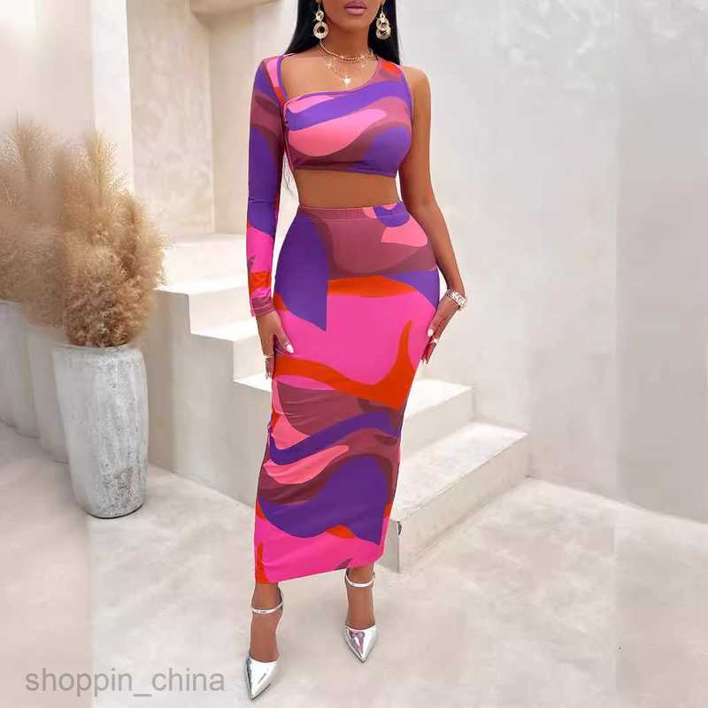 Two Piece Dress Sets New Autumn/Winter Women's Sexy Printed Asymmetric One Shoulder Set Skirt for Women