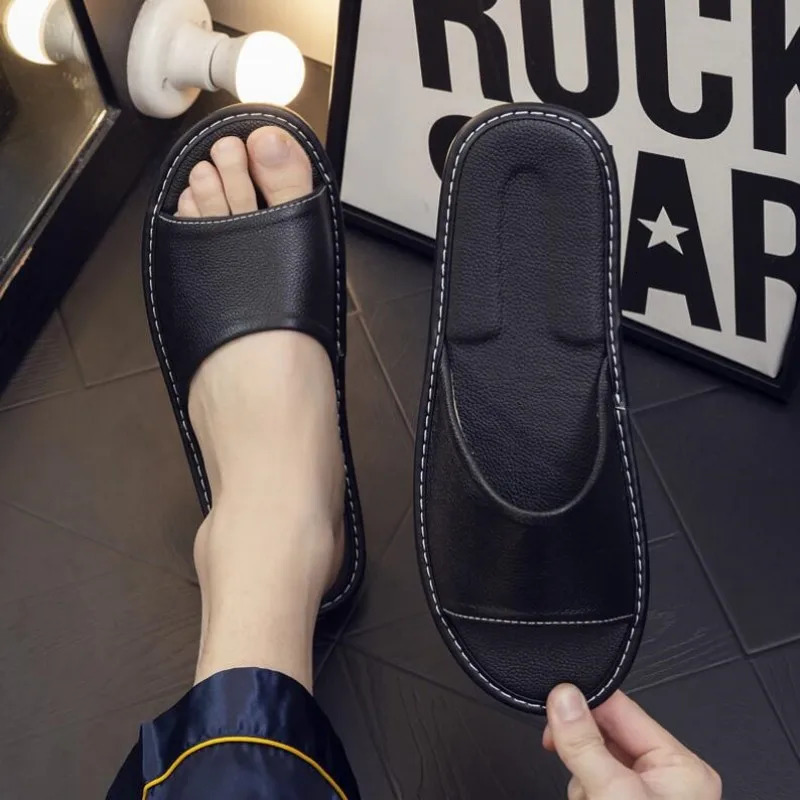 Real Cow Leather Sliding Block Indoor Sliding Block House Summer Open Toe Sandals Mens Casual Sliding Block Shoes 240612