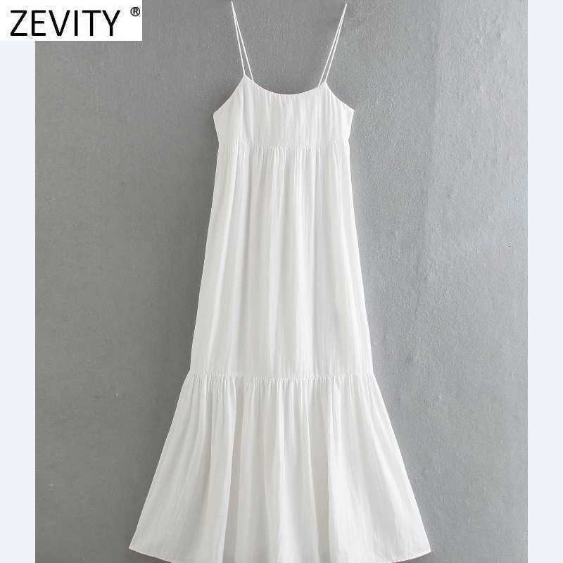 Zevity Women Back Bow Tied Patchwork White Sling Midi Dress Female Spaghetti Strap Vestido Chic Casual Summer Dresses DS8304 210603