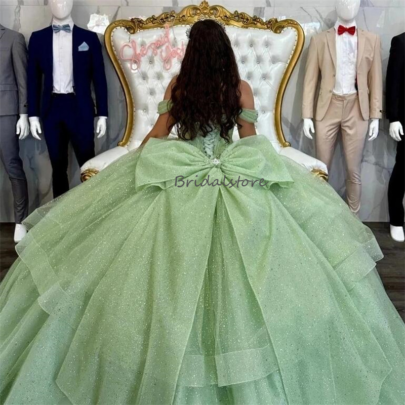 Shiny Sage Green Quinceanera Dresses 2024 Off Shoulder Vestio De 15 Anos Xv Quinceanera Masquerade Sixteen Birthday Party Dress Vestido De Xv Debutant