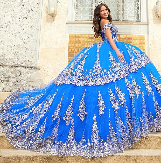 Blue Mexican Quinceanera Dresses Ball Gown Off The Shoulder Tulle Appliques Puffy Charro Sweet 16 Dresses 15 Anos