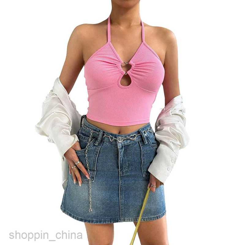 Women's T Shirt INS2024 Sexy Spicy Girl Design Chest Love Iron Ring Folding Slim Hanging Neck Top tees tops