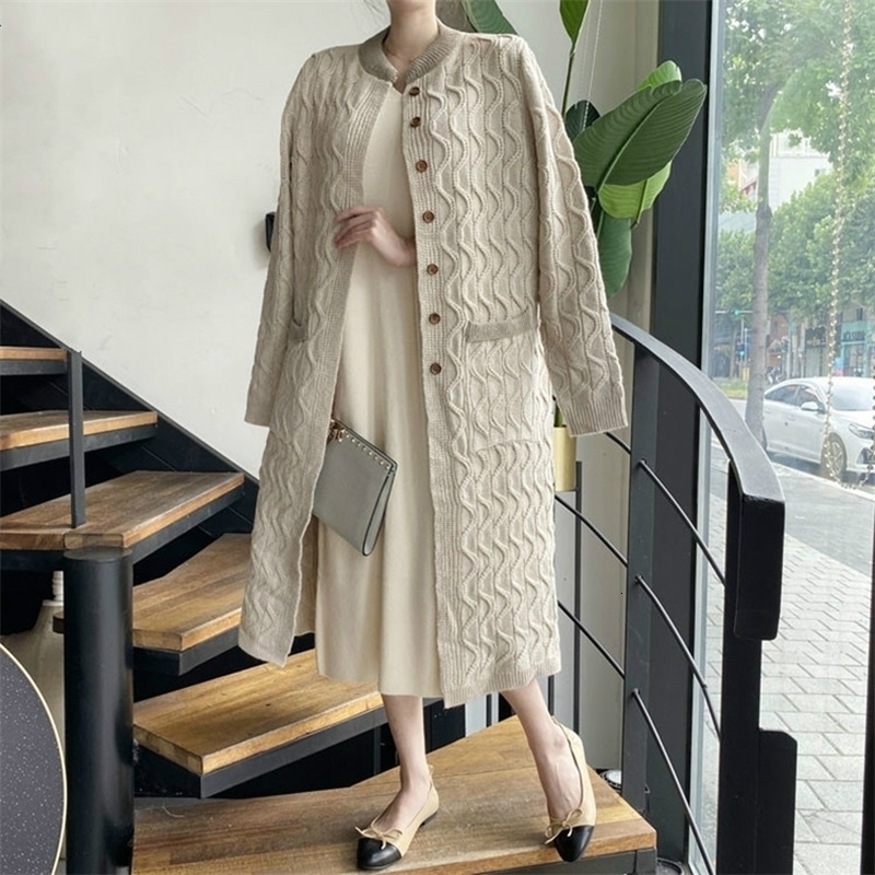 Womens Sweaters Winter Vintage Cardigan Long Knitted Solid Color Wave Pattern Single Breasted Thick Warm Korean Fashion Women Coats 220906