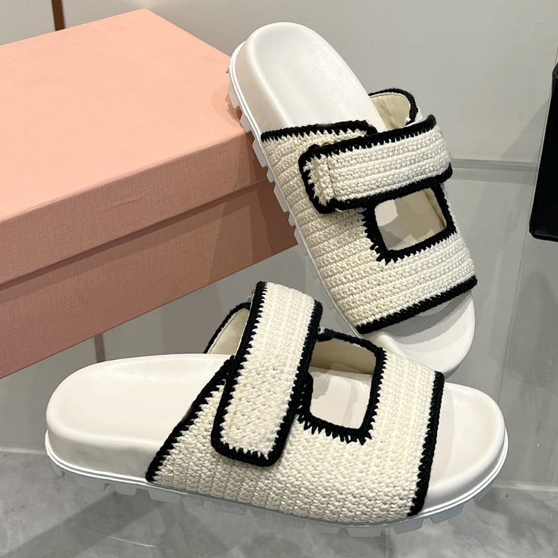 Designer sandals Crochet Knit Lambskin Hook Loop Slides men women shoes black ivory flat heel slippers fashion summer slide beach slipper outdoor women sandal