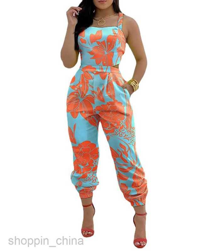 Women's Tracksuits Women's temperament commuting straps printed jumpsuit Sets