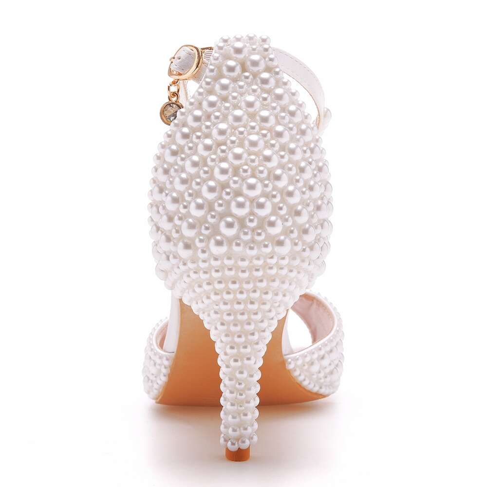 Crystal Queen White Pearl Sandals Women Open Toe High Heels Lady Wedding Shoes Banquet Dress Stiletto