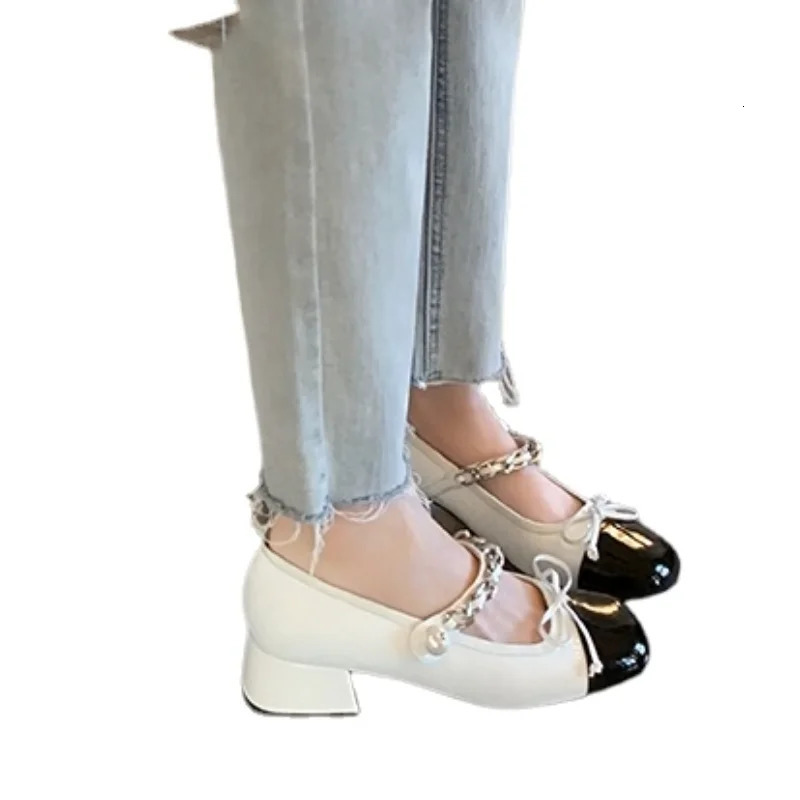 Womens Shoes Mary Jane Womens High Heel Retro Dress Pump Womens Chain Pearl Bow Square High Heel Shoes Womens Shoes 240614