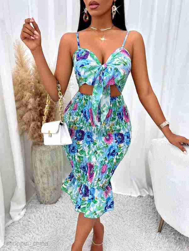 Two Piece Dress Sets Leisure Summer Fashion Women's New Printed Wrapped Hip Brace Hollow Hanging Strap Dress