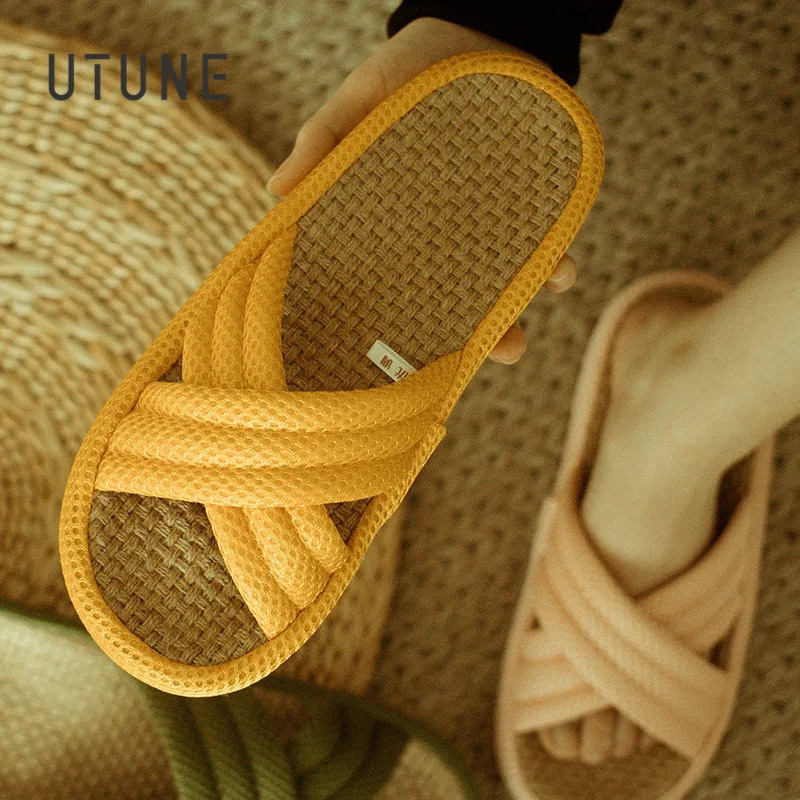 UTUNE Linen Womens Slippers Outdoor Summer Silent Lightweight Vacation Travel Comfortable Shoes Anti slip Flat Thick Sole Household Slippers 240612