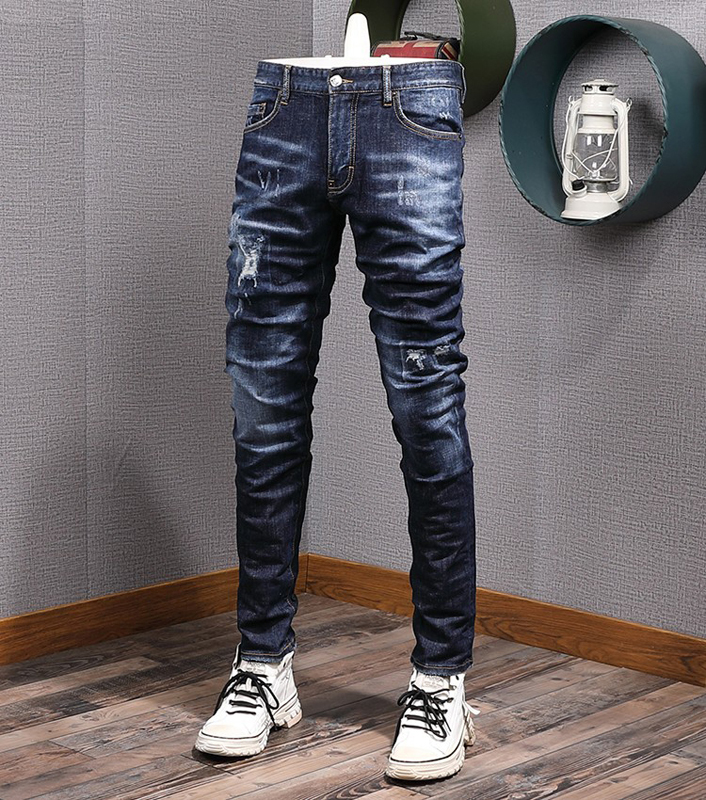 Cool Guy Biker Jeans Bleach Distressed Paint Damaged Slim Fit Cowboy Trousers Men