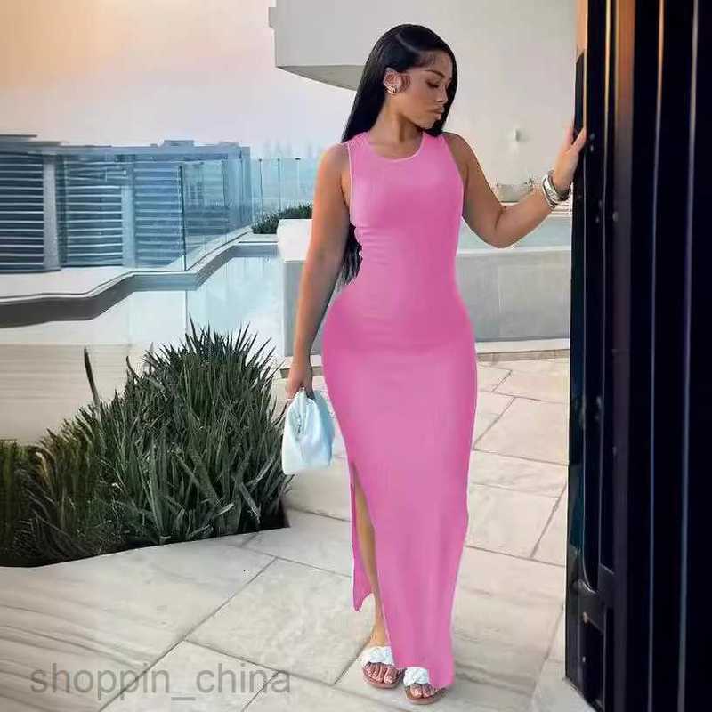 Basic Casual Women Dresses Women's Commuter Style Long Skirt Sleeveless Round Neck Waist Split Dress