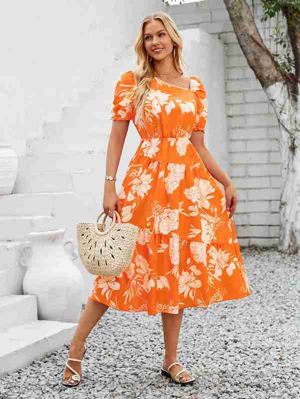 Basic Casual Women Dresses Independently designed new summer women's casual and fashionable diagonal collar floral print fresh dress
