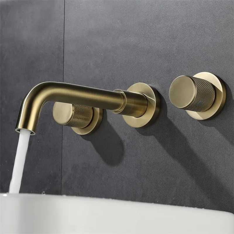 Bathroom Sink Faucets Bathroom Faucet Brushed Gold Bathroom Basin Faucet Cold And Hot Brass Sink Mixer Sink Tap Single Handle Wall Mounted Water TapL2