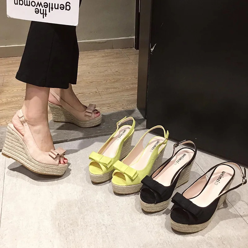 Women/Girls Peep Toe Bow Platform Sandals Stripe Pattern Summer Songcake Shoes Woven High Heels Gladiator Sandals 240612