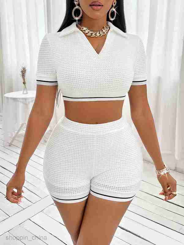 Women's Tracksuits Trendy women's summer lapel splicing ribbed short women's casual set Sets