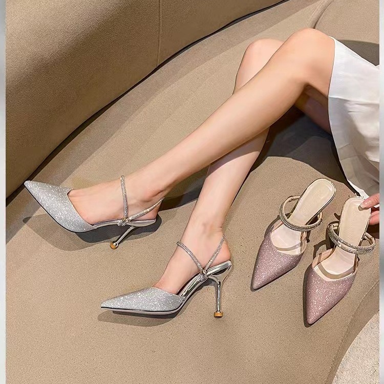 - Womens 2025 Summer New Water Dia Slim Shallow Mouth Half Drag Two Wears Slippers Outside High Heel Sandals Women Free of Mail