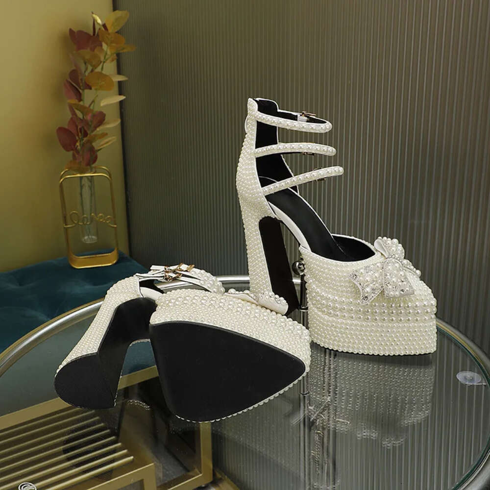 Hand Inlaid Pearl/Rhinestone High Wedding Bridal Party Chunky Heel Platform Bow Sandals Ankle Buckle Women's Shoes