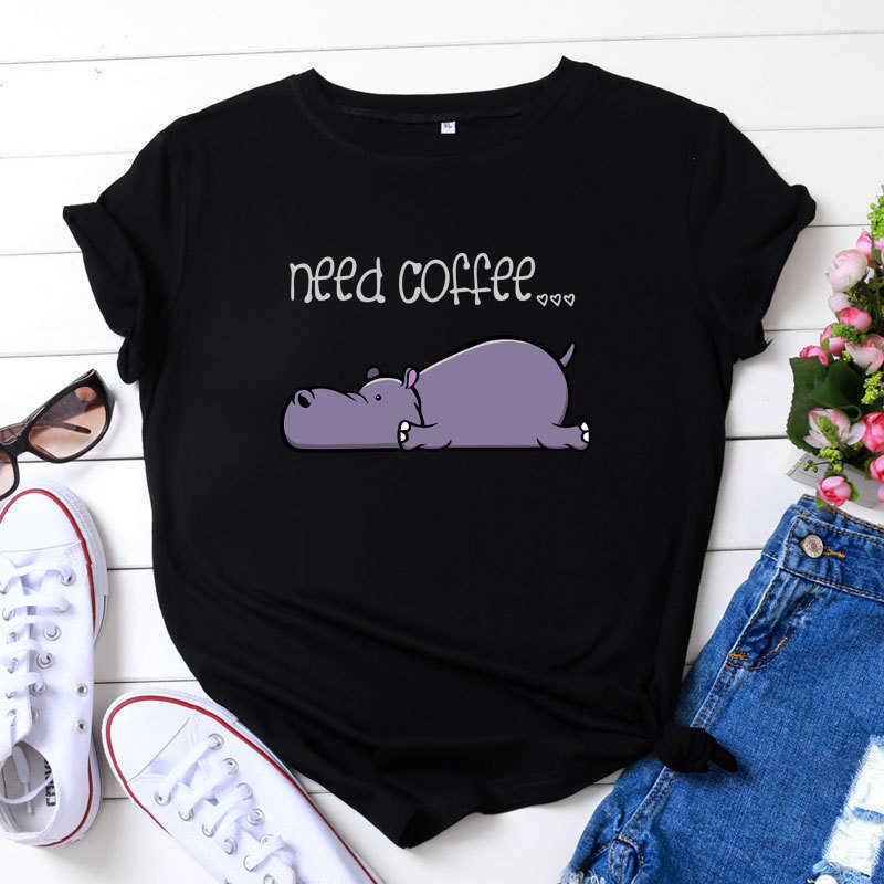 Fashion 100% Cotton Women T-Shirt Casual Loose O-Neck Short Sleeve Lazy Cartoon Need Coffee Summer Ladie Tees Top W873 210526
