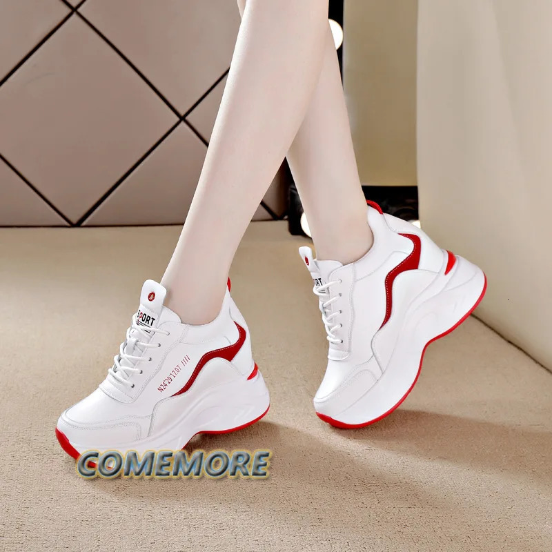 Womens leather platform sports shoes spring white shoes high heels wedge-shaped outdoor sports shoes breathable circular casual shoes 240614